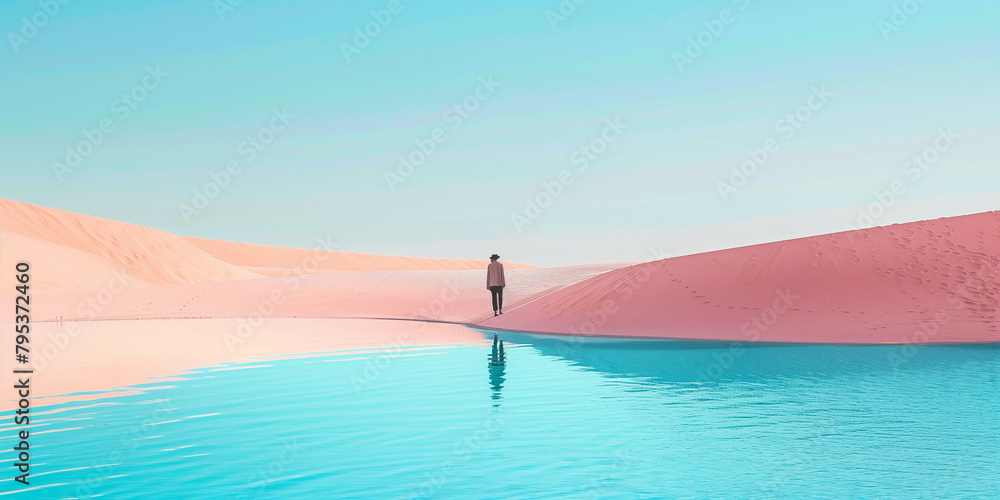Urlaubslandschaft in Pink Orange mit weitem Blick in die Ferne. Sonnige Ansicht mit Strukturierten Geometrien. KI generiert. Urlaubslandschaft in Pink Orange mit weitem Blick in die Ferne. Sonnige Ansicht mit Strukturierten Geometrien. KI generiert.