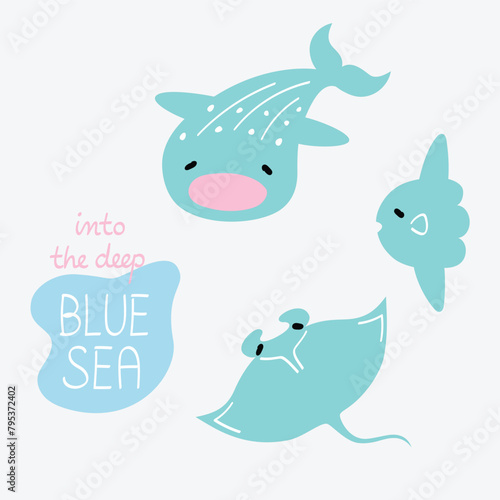Whale shark, manta ray and sunfish cartoon