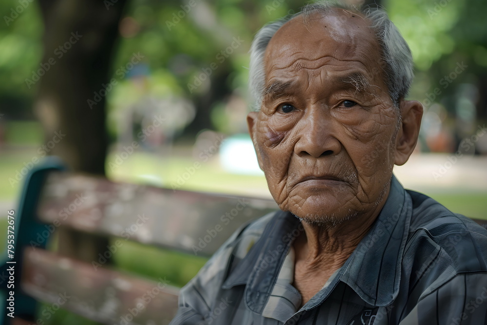 portrait of sad old man sitting on a bench in a park portrait of sad old man sitting on a bench in a park