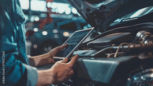 Auto Mechanic Inspects Vehicle Diagnostics on Digital Tablet while Performing Traditional Engine photo