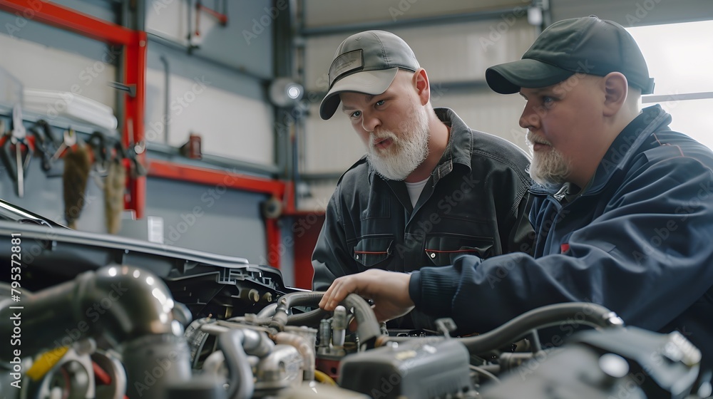 Expert Mentorship: Mechanic Guides Apprentice Through Car Engine Repair Techniques in the Garage Expert Mentorship: Mechanic Guides Apprentice Through Car Engine Repair Techniques in the Garage