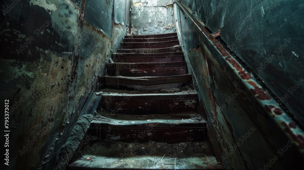 A chilling scene depicting a scary descent of stairs leading to a dimly lit basement, evoking a sense of suspense and foreboding. A chilling scene depicting a scary descent of stairs leading to a dimly lit basement, evoking a sense of suspense and foreboding.