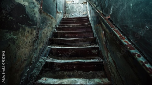 A chilling scene depicting a scary descent of stairs leading to a dimly lit basement  evoking a sense of suspense and foreboding.
