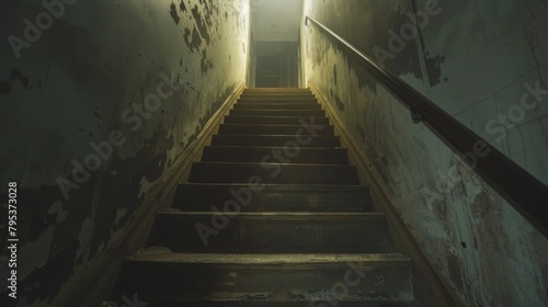 A chilling scene depicting a scary descent of stairs leading to a dimly lit basement, evoking a sense of suspense and foreboding.