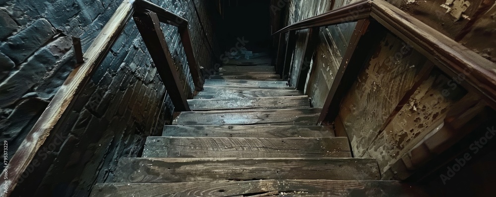A chilling scene depicting a scary descent of stairs leading to a dimly lit basement, evoking a sense of suspense and foreboding.