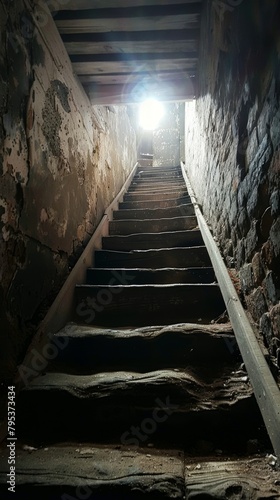 A chilling scene depicting a scary descent of stairs leading to a dimly lit basement, evoking a sense of suspense and foreboding.