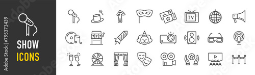 Show web icons in line style. Cinema, event, entertainment, ticket, cinema, music, theater, sport, collection. Vector illustration.
