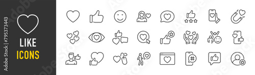 Like web icons in line style. Heart, thumb up, rating, social media, feedback, positive, appreciation, smile, collection. Vector illustration.