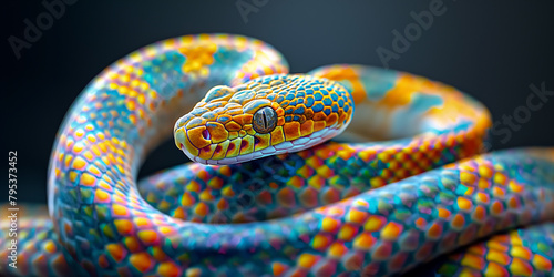 Schlange in schönen bunten Farben als Nahaufnahme für Poster und Kalender, ai generativ