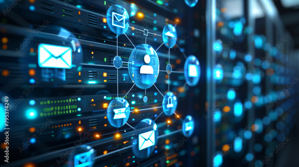 © Peopleimages - AI - Server room, icon and cloud computing for software, digital or cybersecurity in information technology. Overlay for online storage, backup and app integration in data center or memory computer system