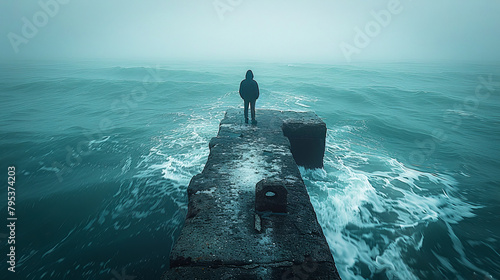A man standing on a jetty and staring out to sea. photo