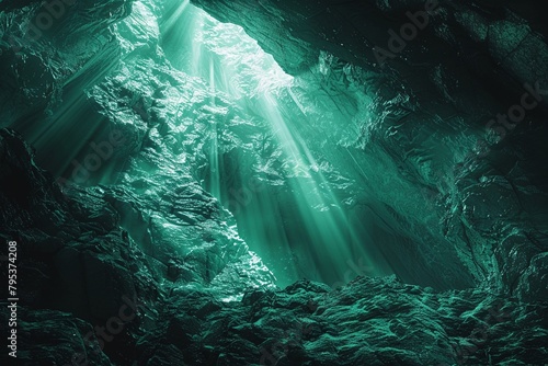 Showcasing the mysterious beauty of a neon greenhued image set in a dark, cavernous cave , 3D ,ultra HD,digital photography photo