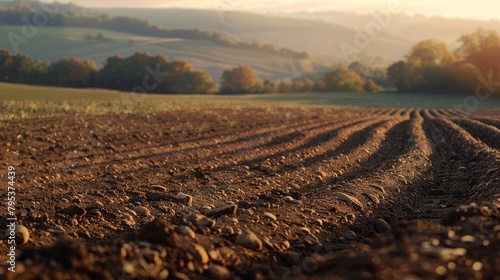 Selective blur on furrows on an Agricultural landscape near a farm, a plowed field in the countryside. The plough is a technique used in agriculture to fertilize a land.