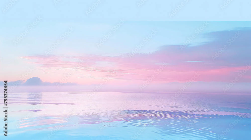 a serene ocean scene with a pink cloud and blue sky reflecting on the calm blue water