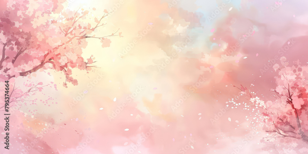 Light pink sky background with pastel color clouds with cherry blossoms . Pink clouds in the sky stage fluffy cotton candy ,summer paradise dreamy concept.banner