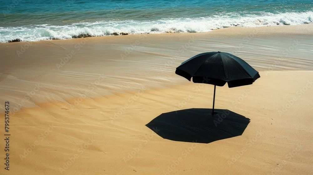 beach umbrella casting a shadow over a sandy beach, creating a tranquil spot to escape the blazing summer sun.