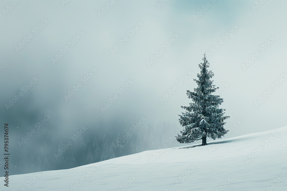 A single pine tree standing tall in the snow on top of an alpine hill. Misty fog rolling over the horizon. A snow-covered the landscape.
A single pine tree standing tall in the snow on top of an alpine hill. Misty fog rolling over the horizon. A snow-covered the landscape.