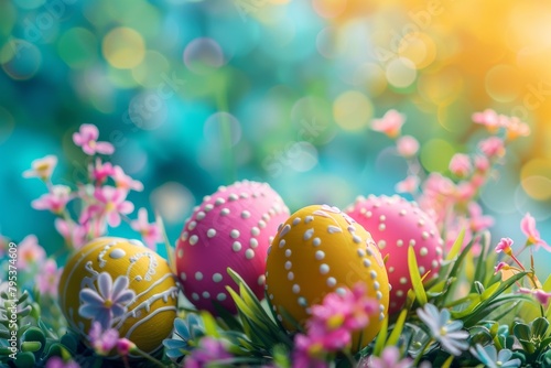 Vibrant Easter background with decorated eggs and spring flowers