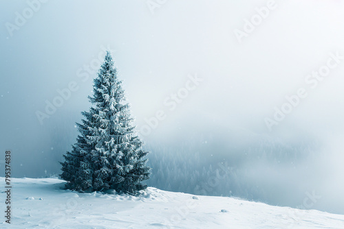 A single pine tree standing tall in the snow on top of an alpine hill. Misty fog rolling over the horizon. A snow-covered the landscape. 