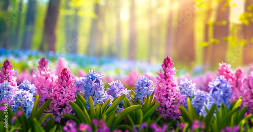 Spring glade in forest with flowering pink and purple hyacinths in sunny day in nature. Colorful natural spring landscape with with flowers, soft selective focus. photo