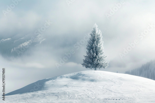 A single pine tree standing tall in the snow on top of an alpine hill. Misty fog rolling over the horizon. A snow-covered the landscape.  © Aisyaqilumar