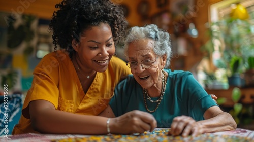 A smiling female caregiver aids a senior woman with a puzzle at home, depicting companionship and assistance.