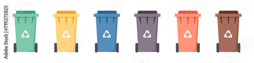 Vibrant Recycle bins with recycle symbol isolated on white background. Green, yellow, blue, red recycle bins with plastic wheels.