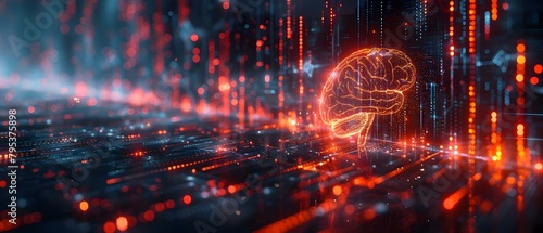 Digital Brain Overlaying Financial Charts: Symbolizing Dynamic Business Strategies in Abstract Form. Concept Business Strategies, Financial Charts, Digital Overlay, Dynamic, Abstract Form