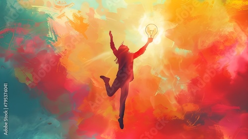 A dynamic image of a person jumping in the air with a light bulb held high above their head  against a bright and colorful backdrop  symbolizing inspiration and breakthrough.