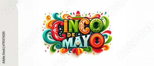 Exuberant Cinco de Mayo lettering surrounded by a flourish of vivid paper scrollwork and ornaments, perfect for lively event flyers and promotions with copy space