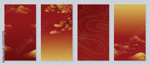 Happy Chinese New Year cover background vector. Luxury background design with golden glitter, tree, cloud, mountain, curve. Elegant oriental illustration for cover, banner, website, calendar, card.