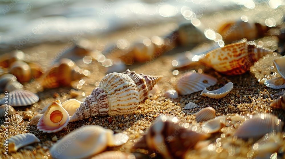 Fototapeta premium Close-up of seashells scattered along a sandy beach, their intricate patterns gleaming under the summer sun.