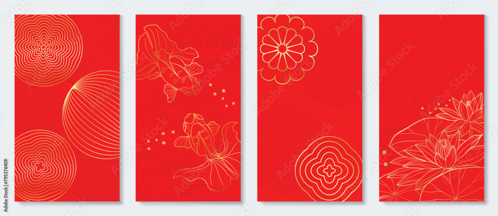Fototapeta premium Happy Chinese New Year cover background vector. Luxury background design with goldfish, lotus flower, lantern. Elegant oriental illustration for cover, banner, website, calendar, card.