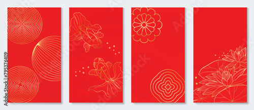 Happy Chinese New Year cover background vector. Luxury background design with goldfish, lotus flower, lantern. Elegant oriental illustration for cover, banner, website, calendar, card. photo