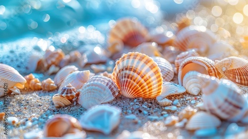 Close-up of seashells washed up by the tide, their vibrant hues contrasting with the soft sandy beach in the summertime. © buraratn