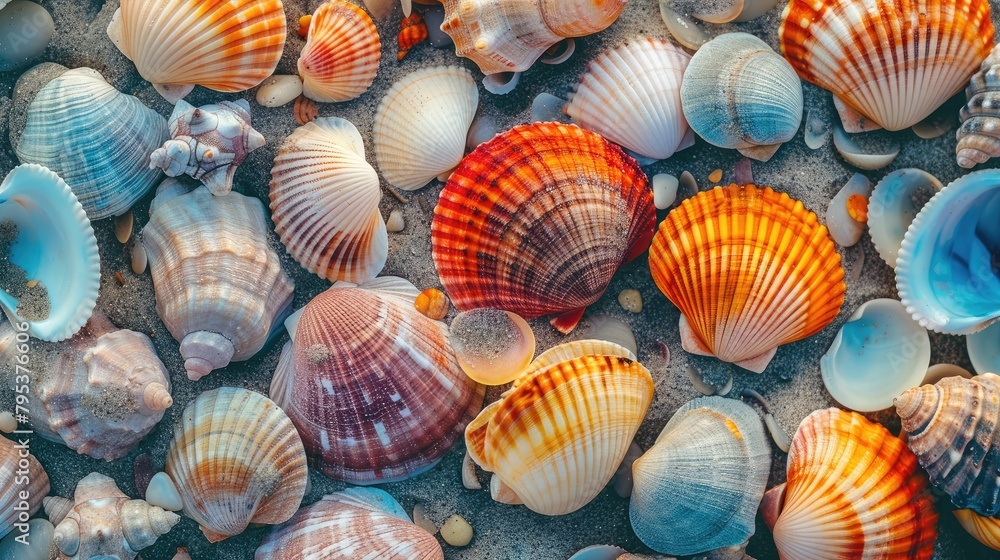 Close-up of seashells washed up by the tide, their vibrant hues contrasting with the soft sandy beach in the summertime. Close-up of seashells washed up by the tide, their vibrant hues contrasting with the soft sandy beach in the summertime.