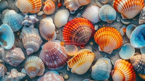 Close-up of seashells washed up by the tide, their vibrant hues contrasting with the soft sandy beach in the summertime.