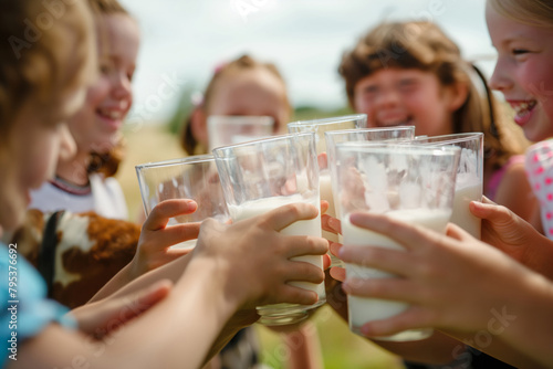 World Milk Day. Children smiling happily while sharing glasses of milk in their hands. Generative AI