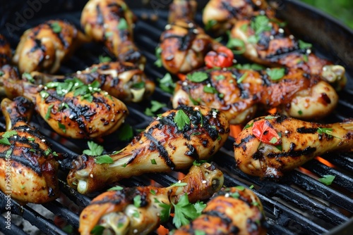 Chicken Dish. Grilled Chicken Legs BBQ with Sesame  Parsley  and Tomato for Tasty Meal