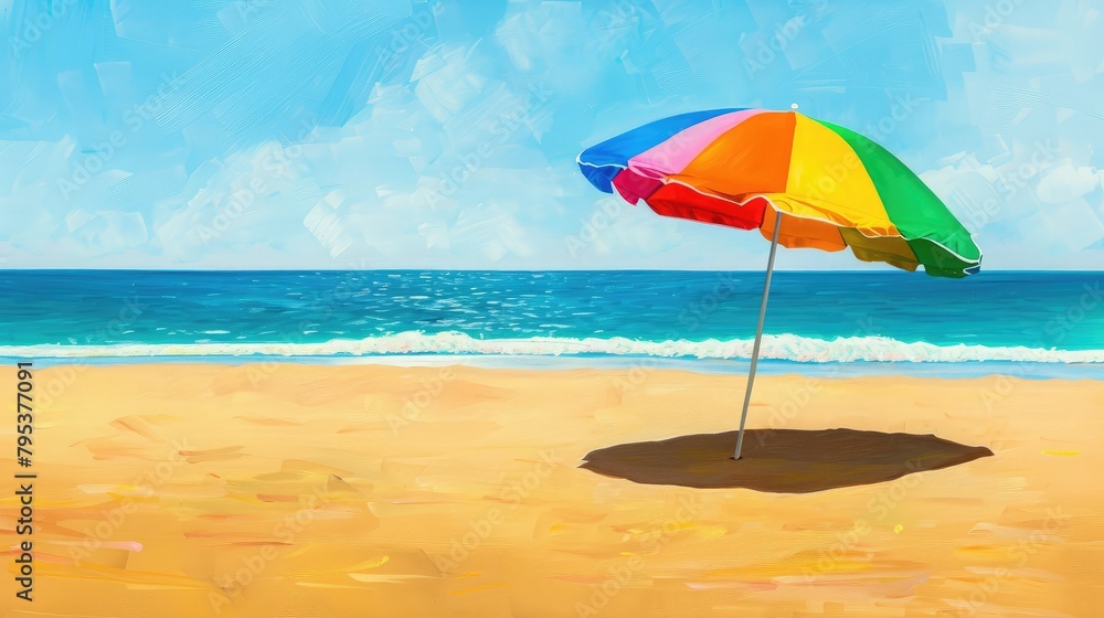 colorful beach umbrella casting shade on golden sands, providing relief from the scorching summer sun.