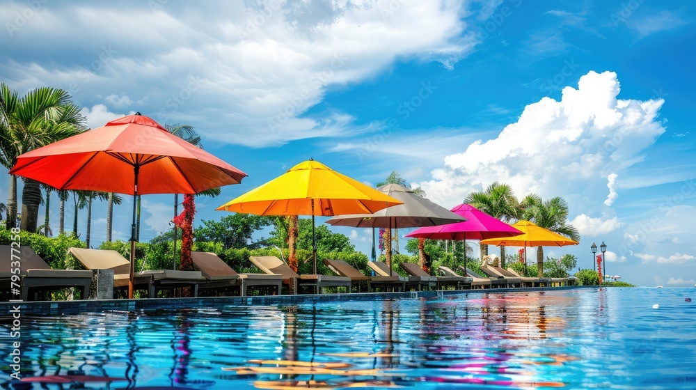 Colorful umbrellas lining the poolside of a luxury resort, offering guests a cool respite from the summer heat.