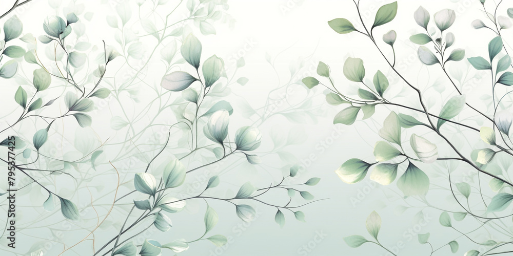 Serene mint green and silver-grey botanicals forming a calming seamless illustration. Serene mint green and silver-grey botanicals forming a calming seamless illustration.