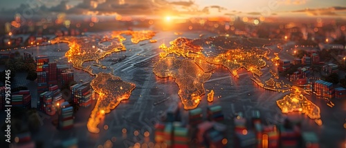 Commercial port with shipping containers on illuminated map showing global trade routes. Concept Commercial Shipping, Shipping Containers, Global Trade Routes, Illuminated Map, Logistics Industry