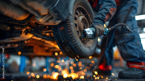 Precision in Motion: Mechanic Utilizing Pneumatic Impact Wrench on Car Suspension photo