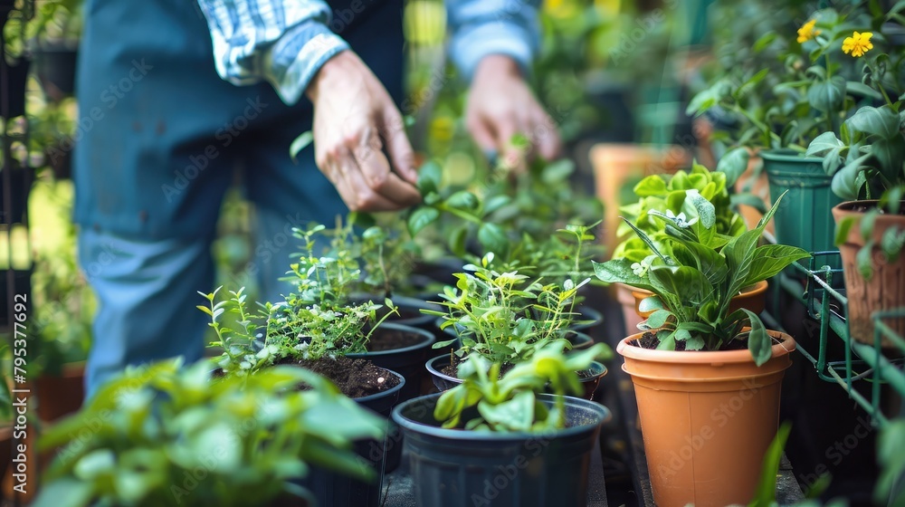 gardener carefully tending to a row of potted plants, ensuring they receive proper care and attention for healthy growth. gardener carefully tending to a row of potted plants, ensuring they receive proper care and attention for healthy growth.