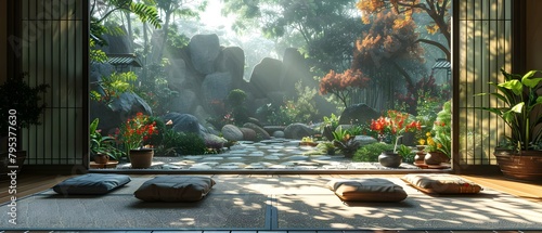 Continuous rotation of virtual backgrounds for a cozy Japanese living room garden ideal for streaming. Concept Virtual Backgrounds, Japanese Living Room, Cozy Garden, Streaming, Continuous Rotation