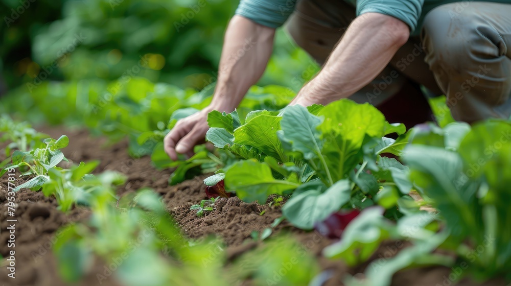 gardener kneeling beside a row of freshly planted vegetables, ensuring they receive proper irrigation and care. gardener kneeling beside a row of freshly planted vegetables, ensuring they receive proper irrigation and care.