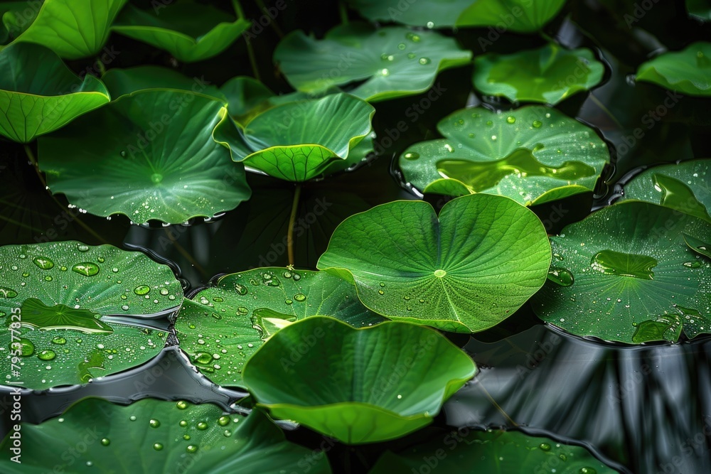 Water On Leaves. Lotus Leaves in a Duck Pond with Beautiful Lily Flowers Water On Leaves. Lotus Leaves in a Duck Pond with Beautiful Lily Flowers