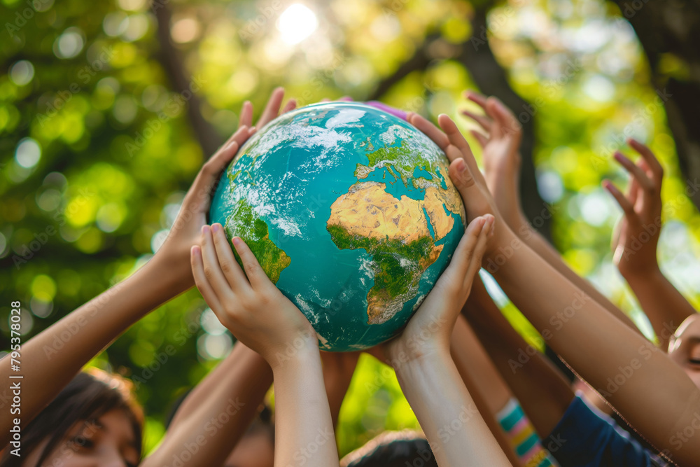 World Environment Day. Children happily holding an electric blue globe at a summer party event. Generative AI World Environment Day. Children happily holding an electric blue globe at a summer party event. Generative AI