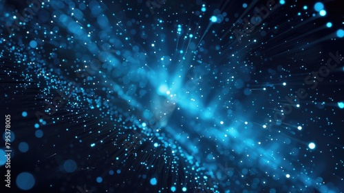 Motion Graphic Background. Deep Blue Abstract Digital Design with Sparkling Particles and Aggregated Lines
